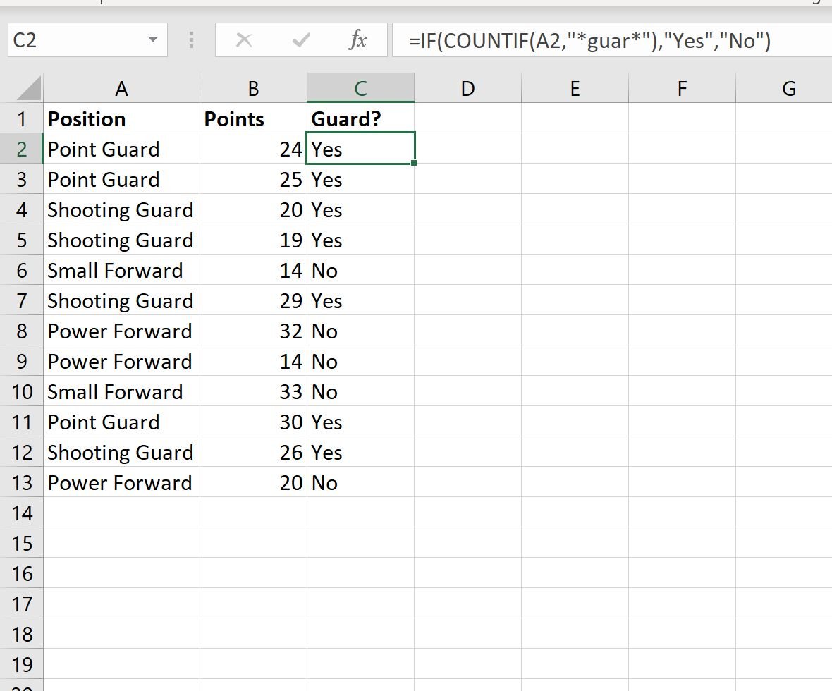 Excel check if cell contains partial text