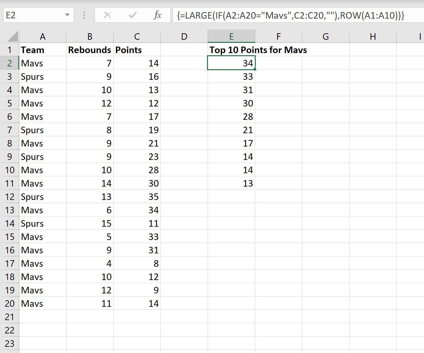 Excel top 10 values based on criteria