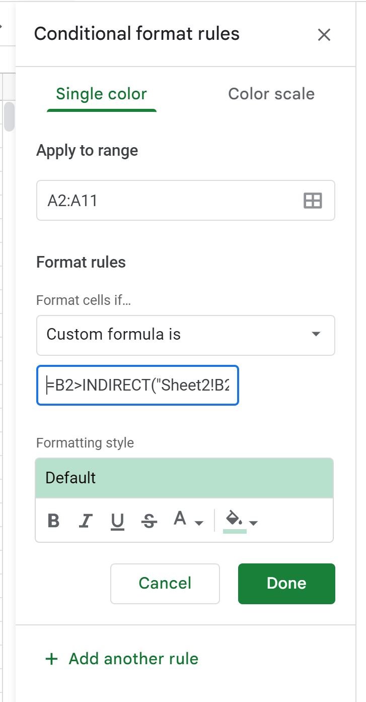 Google Sheets conditional formatting based on another sheet