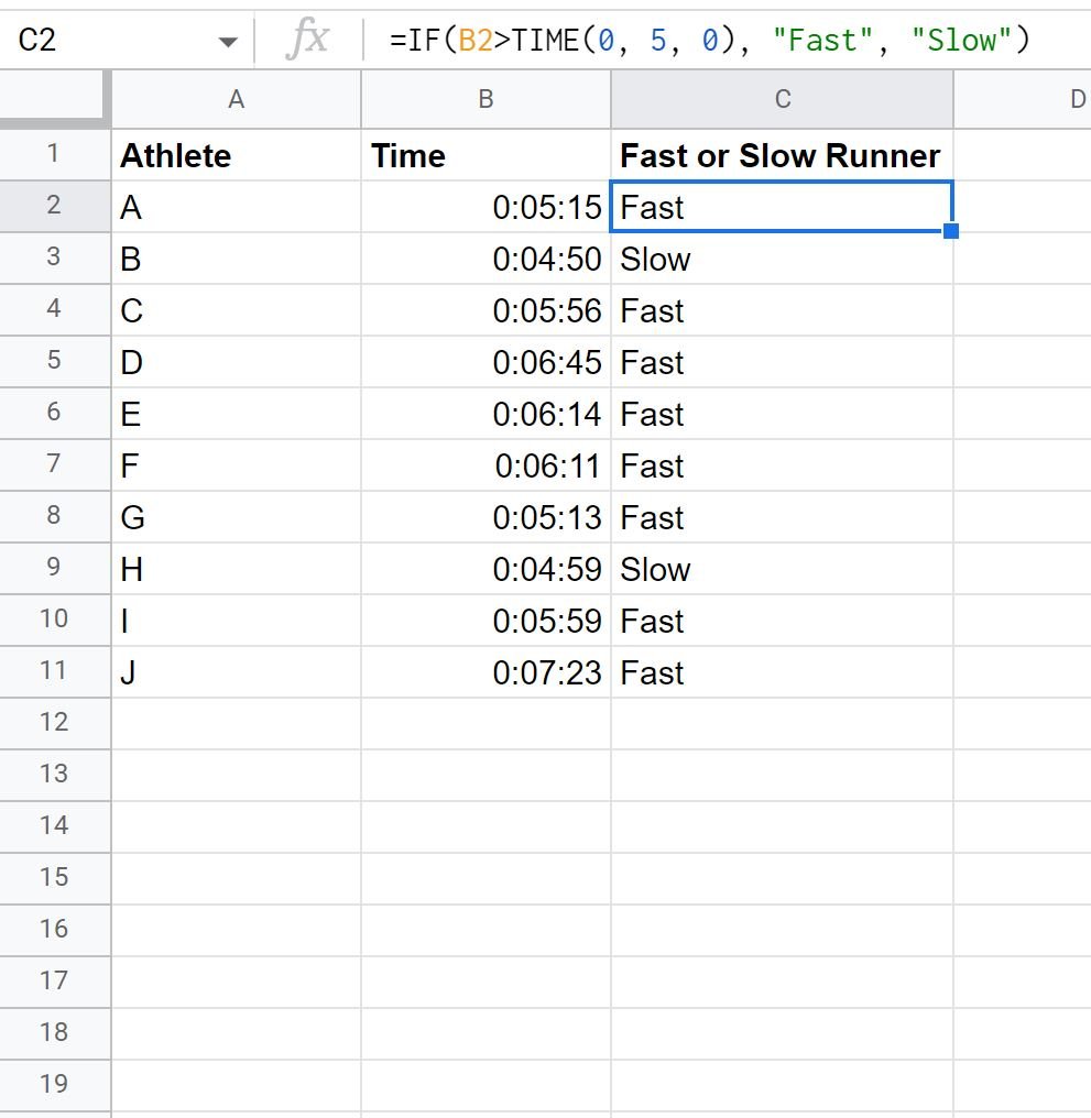 Google Sheets if time is greater than formula