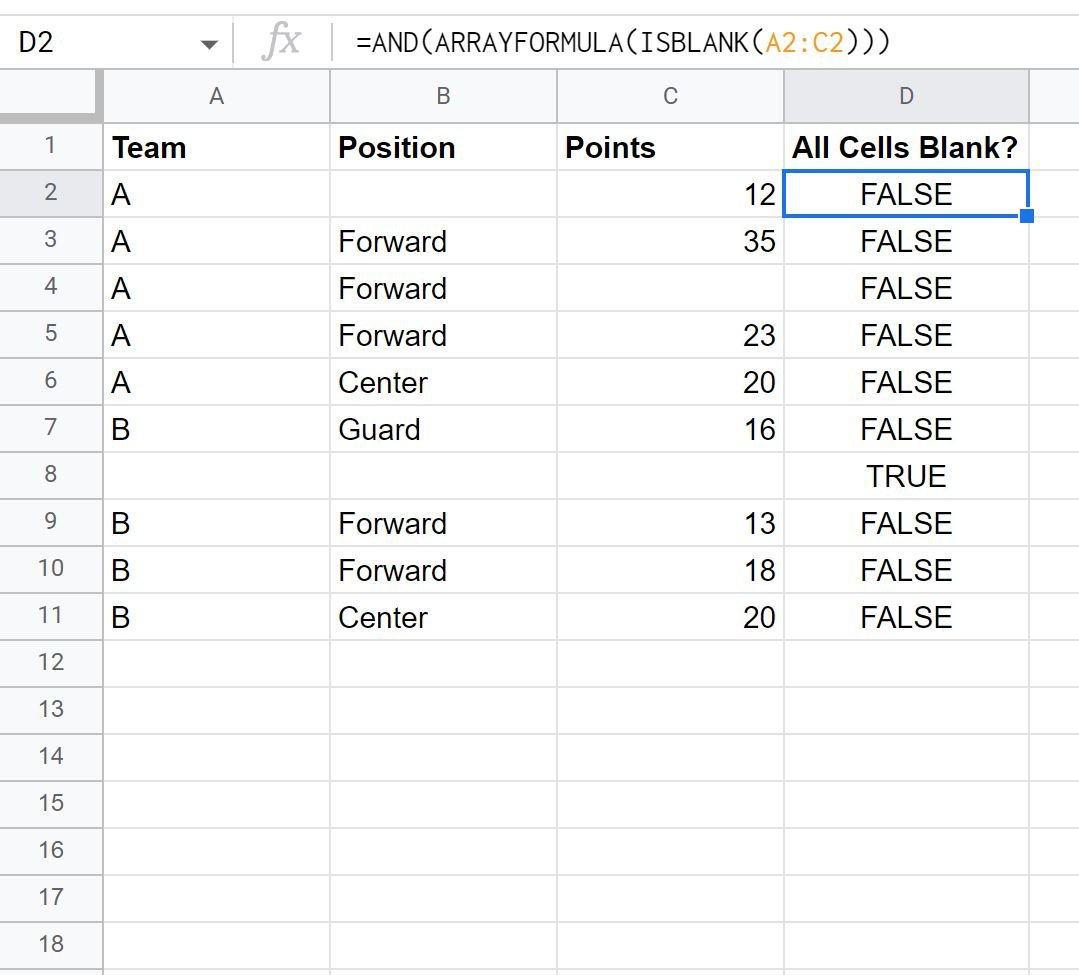 Google Sheets check if all cells in range are blank