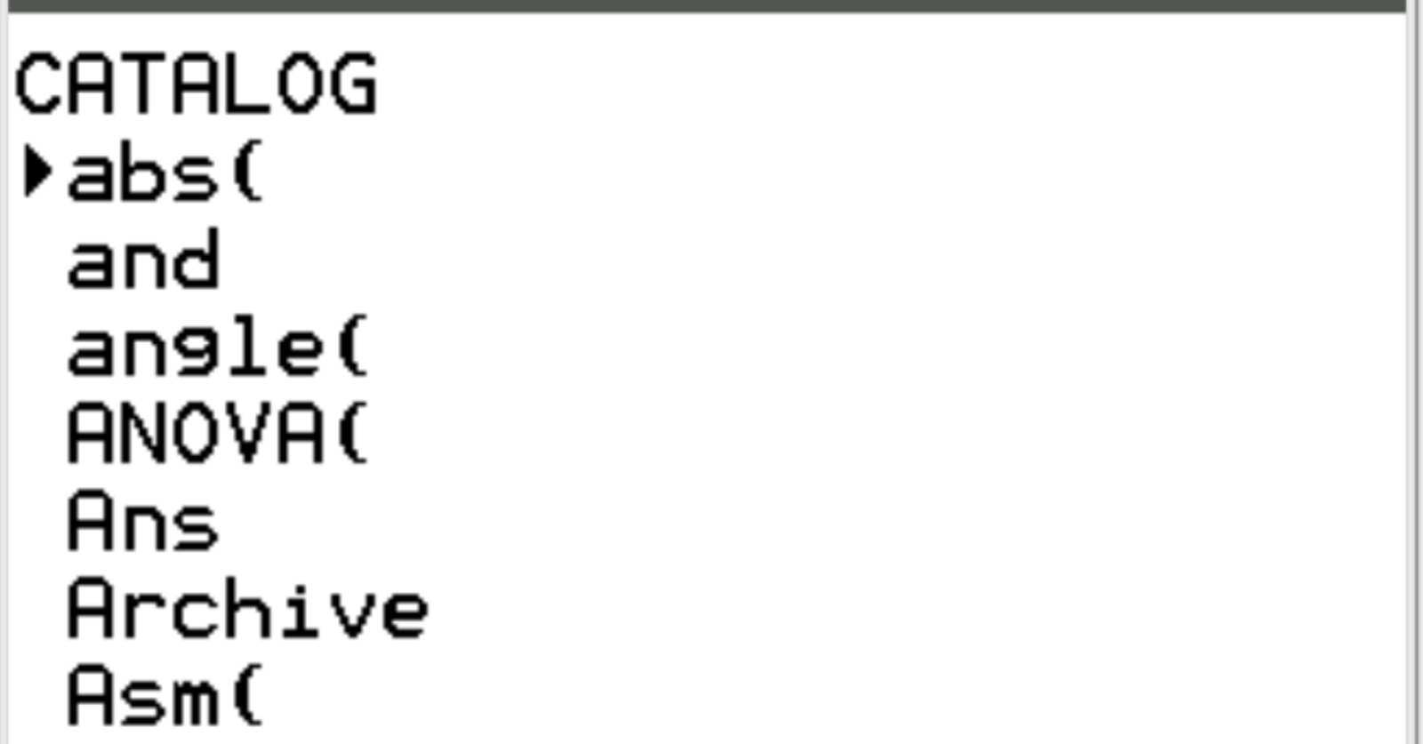 CATALOG screen on TI-84 calculator