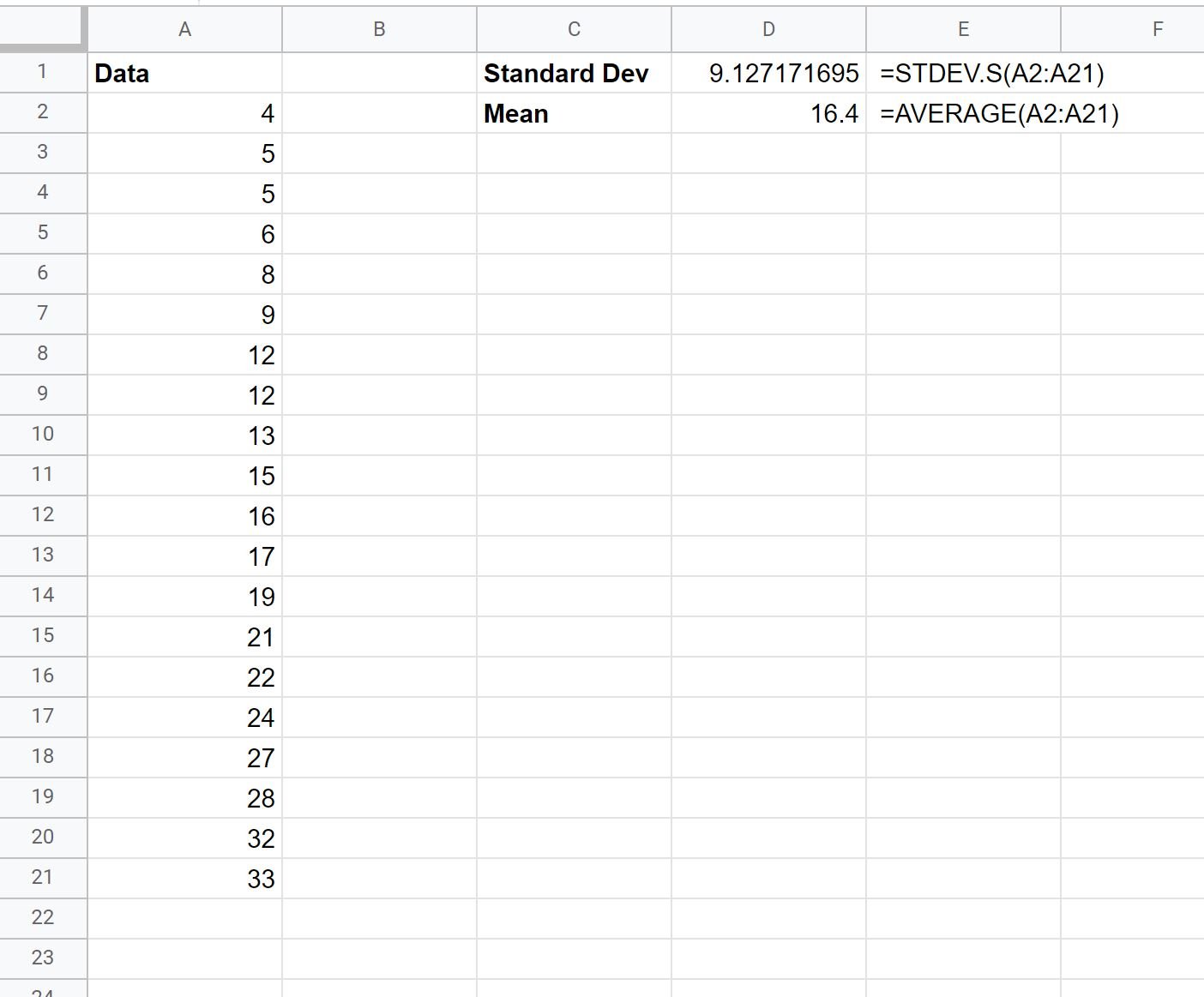 mean and standard deviation in Google Sheets