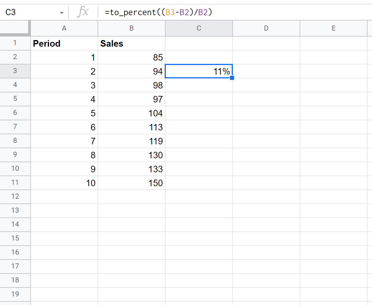 percent change in Google Sheets