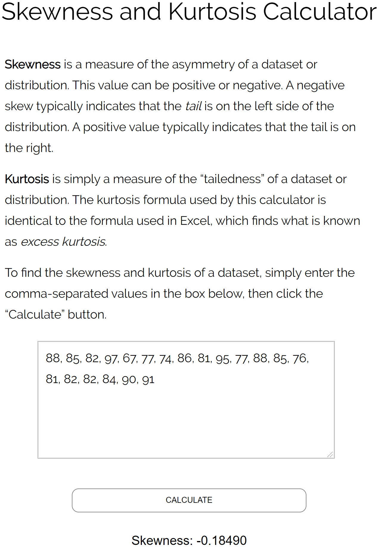 Skewness calculator example