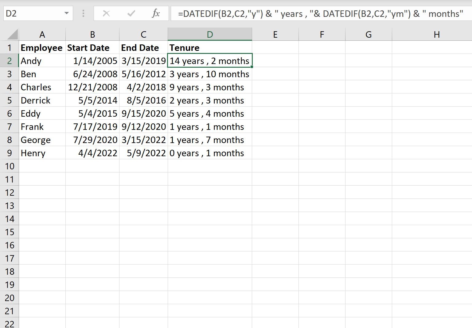 calculate tenure in Excel