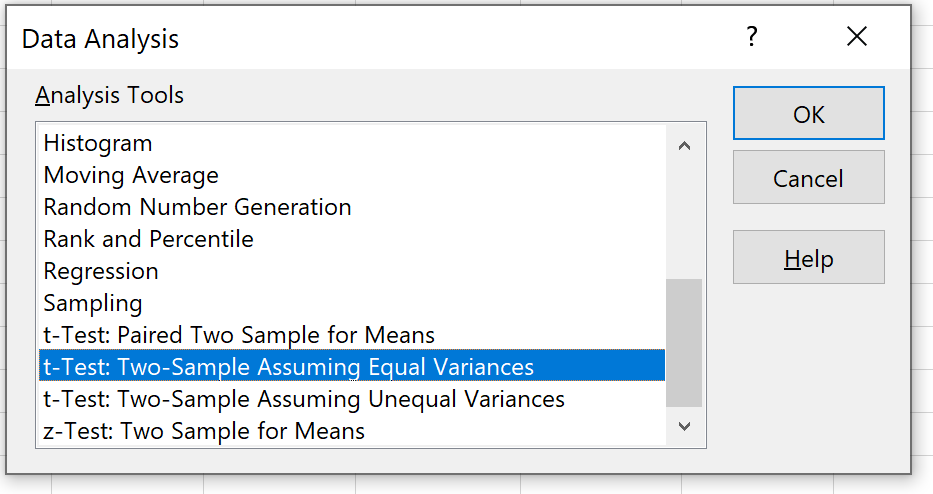 Two sample t-Test with the Analysis ToolPak in Excel