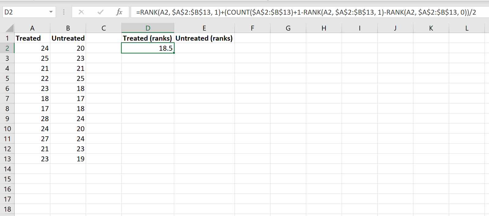 Mann Whitney U test formula in Excel