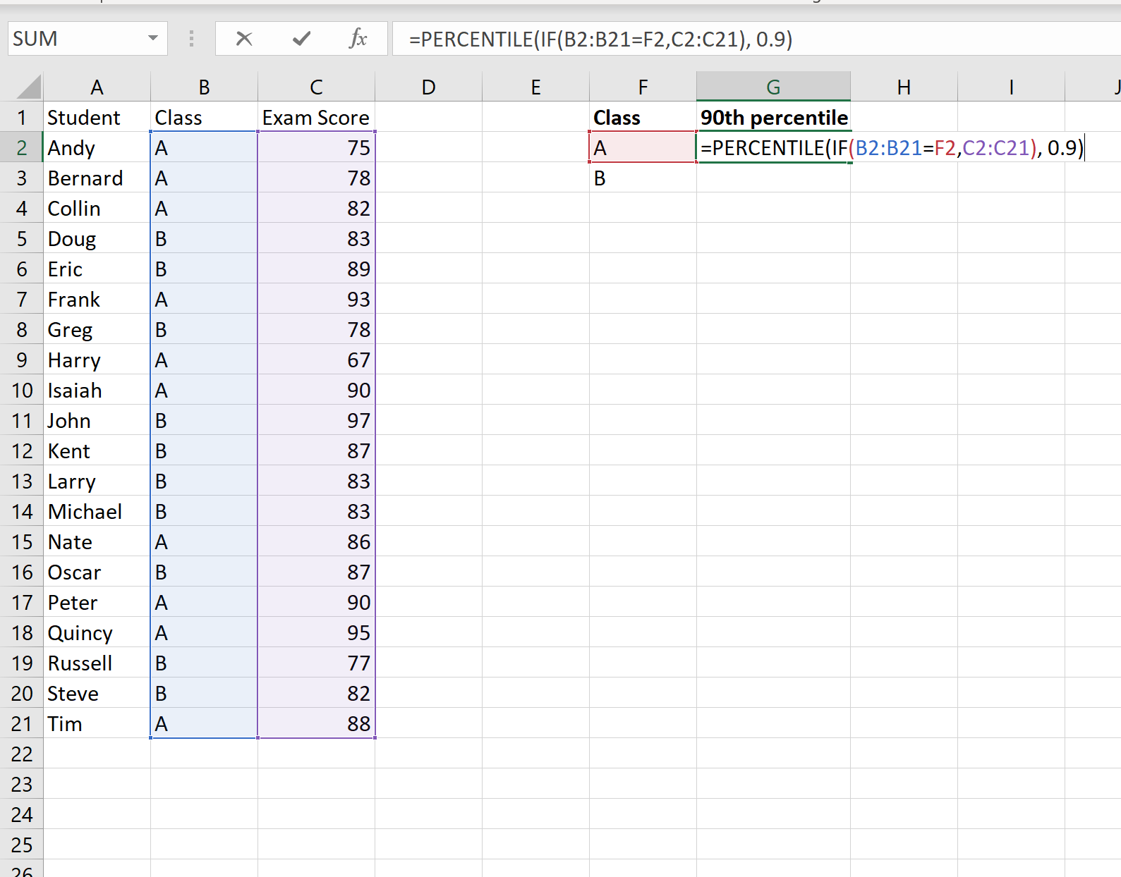 Percentile IF in Excel