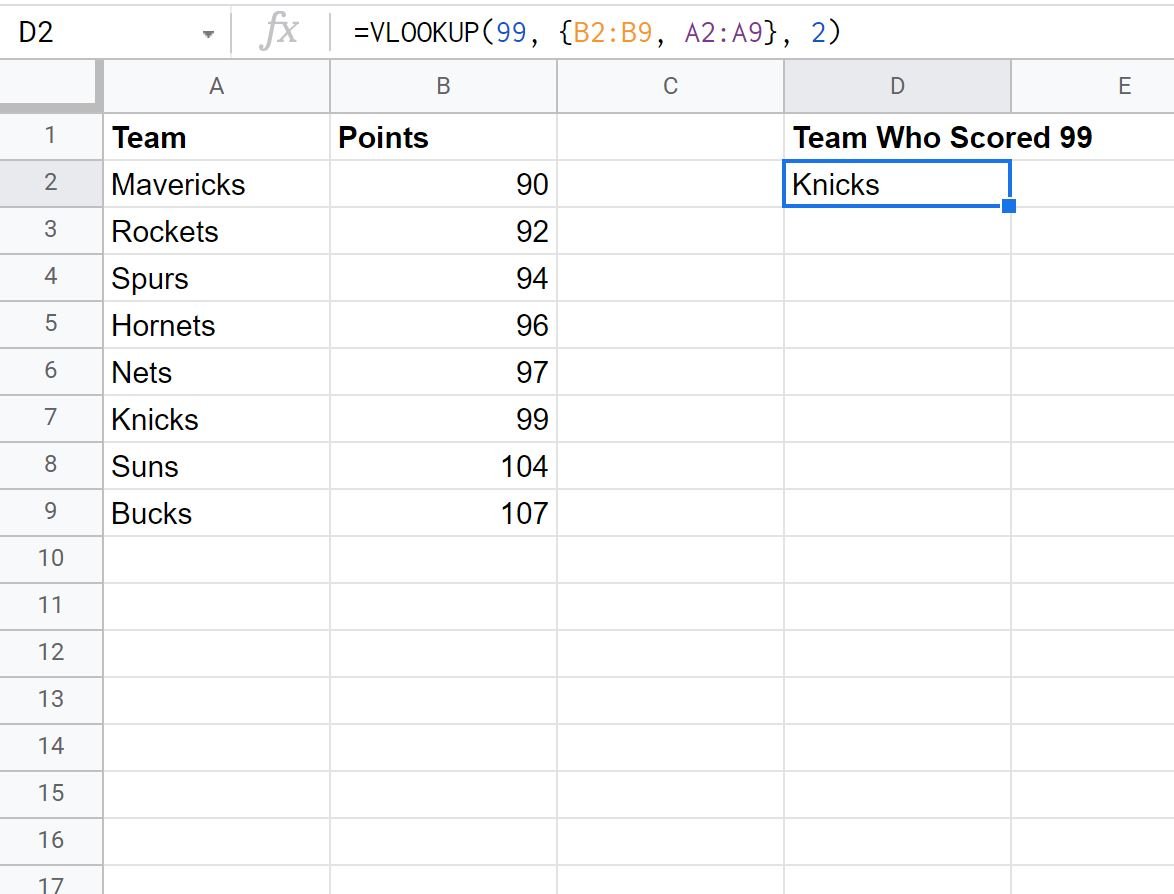 reverse VLOOKUP in Google Sheets