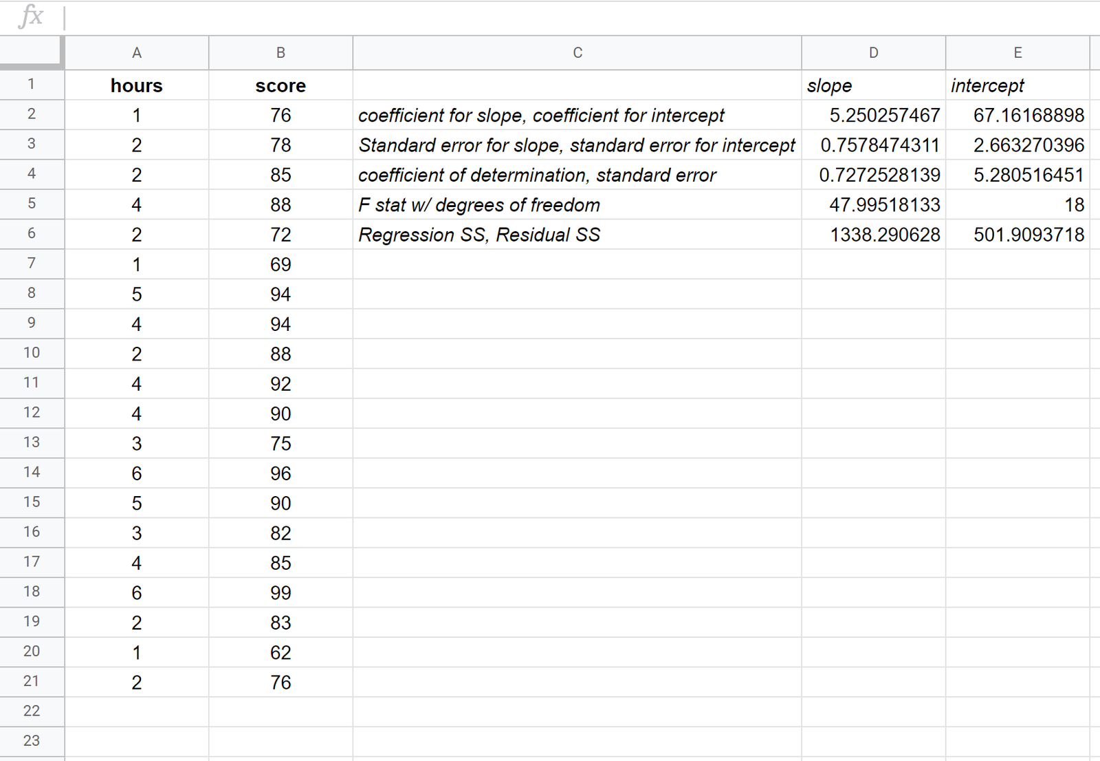 Regression output in Google Sheets