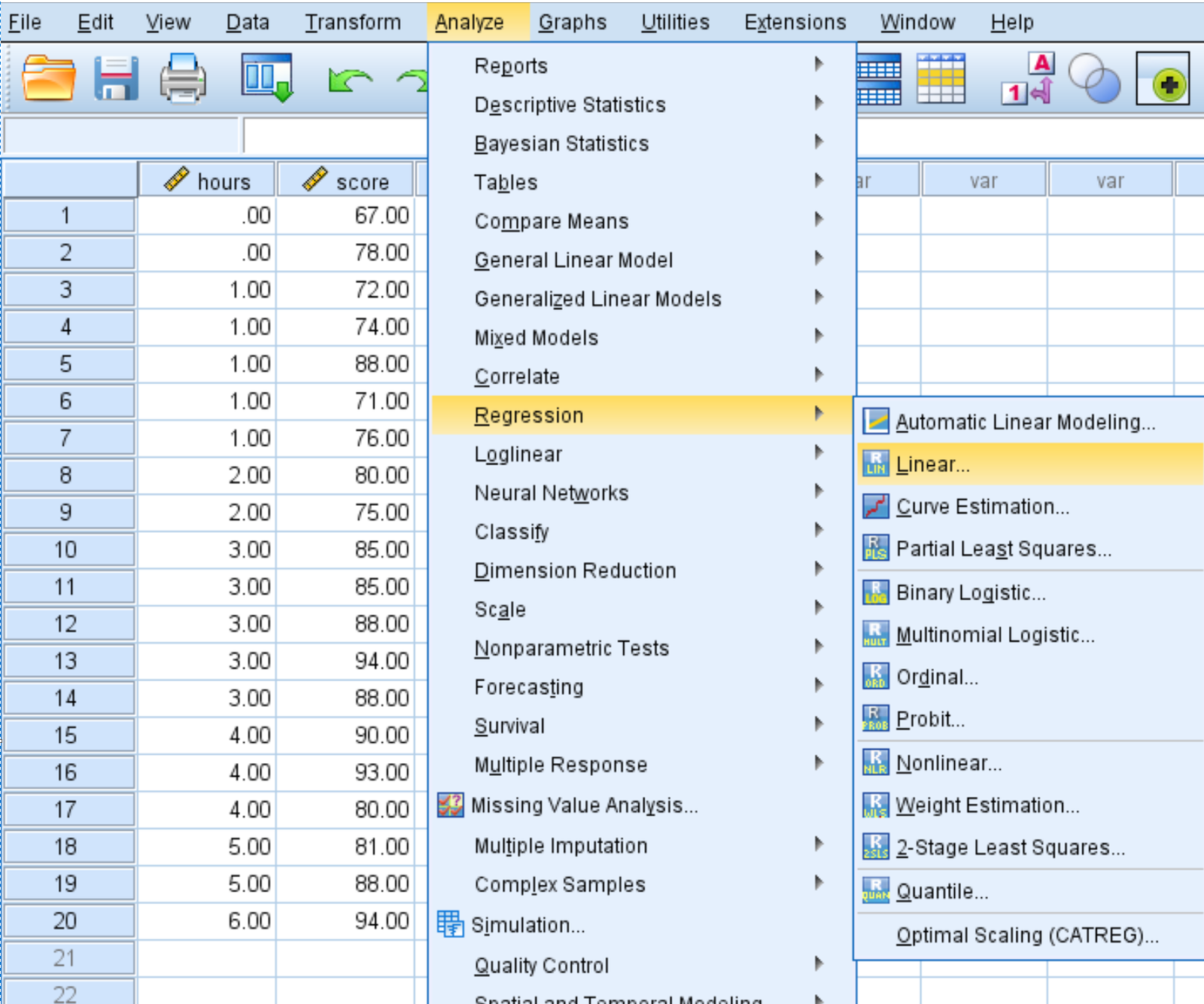 Linear regression option in SPSS