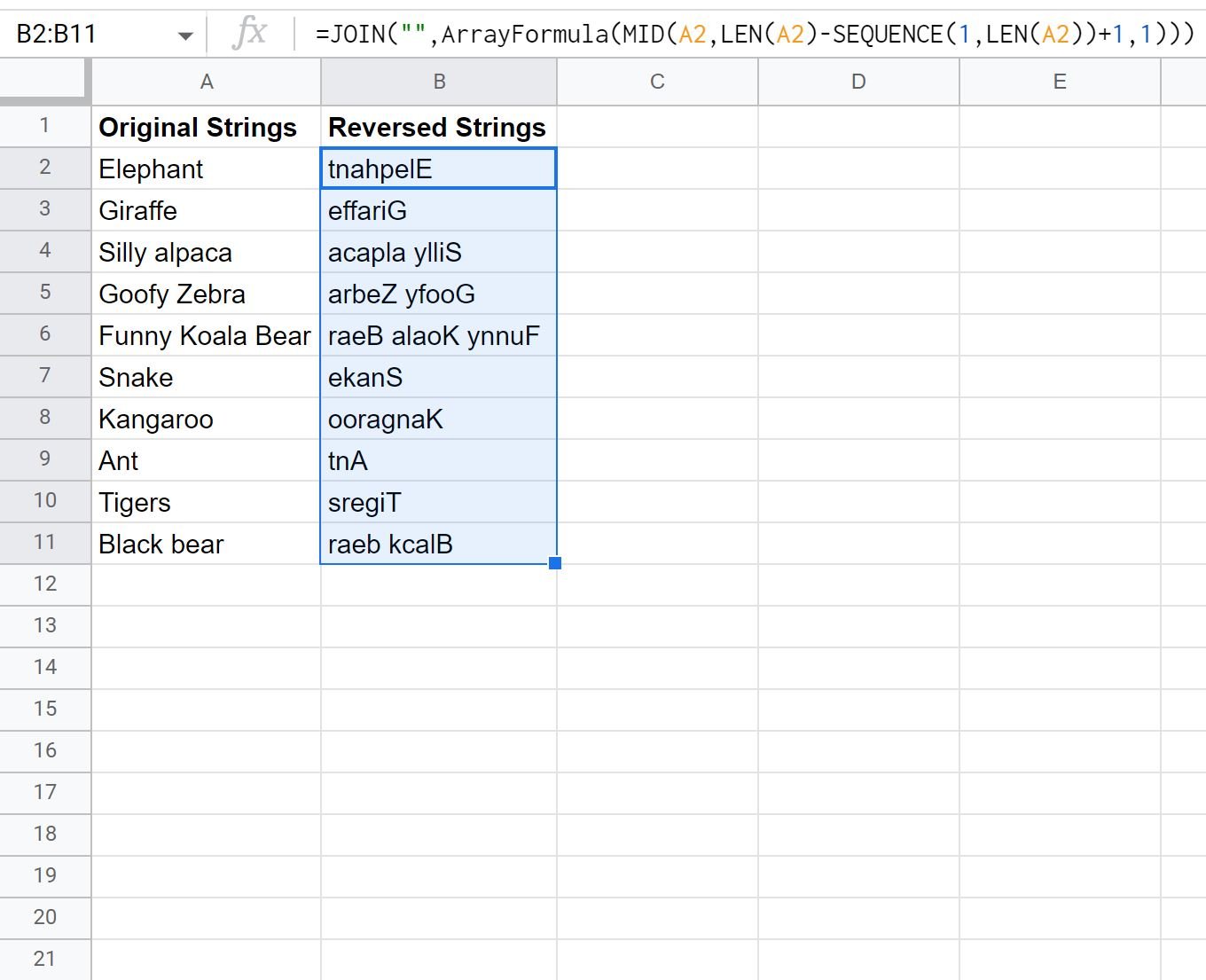 Google Sheets reverse string