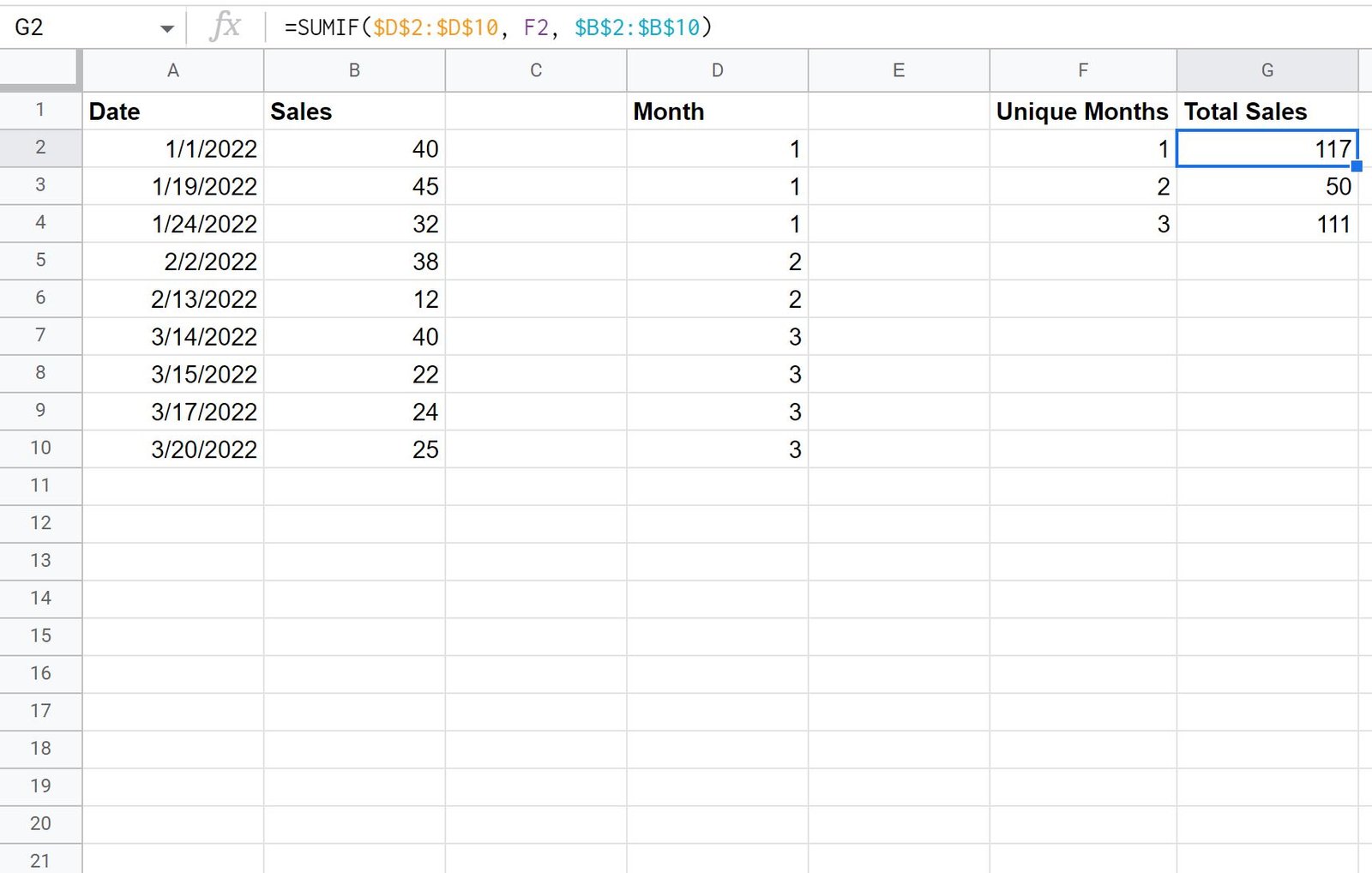 Google Sheets sum by month