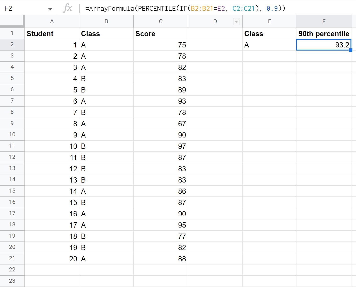 percentile IF formula in Google Sheets