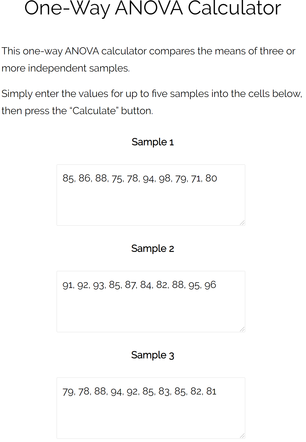 One-way ANOVA calculation example